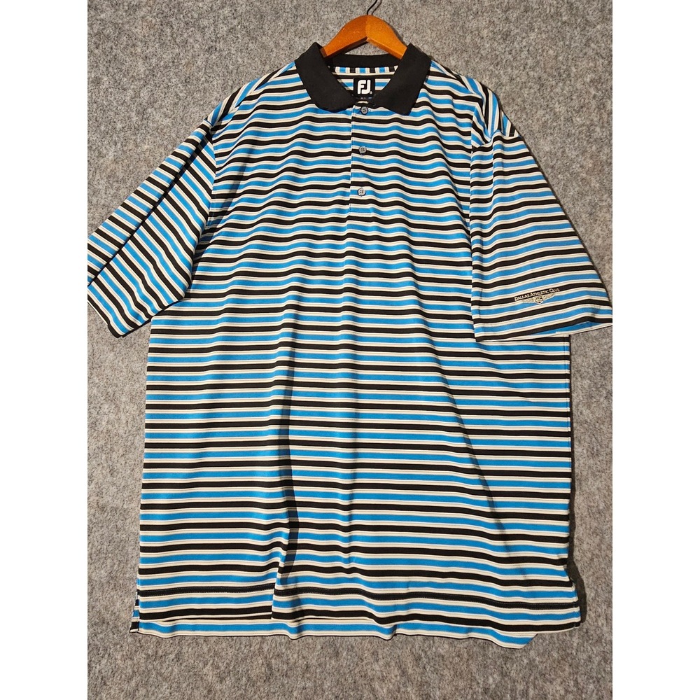 FJ FootJoy Men XXL Blue Black White Striped Golf Polo Shirt Dallas Athletic Club